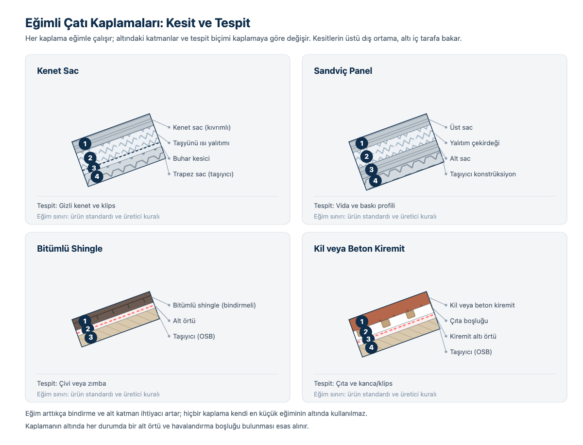 Eğimli çatı kaplamalarının kesiti ve tespit biçimleri